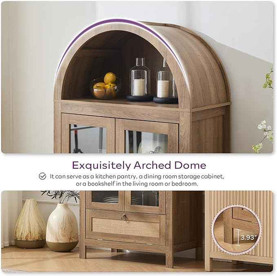 TYBOATLE 71" Tall Arched Pantry Cabinet with Innovative Drawer, Kitchen Cabinet with Anti-Tipping Device and Glass Door, Versatile Cupboard for Kitchen, Dining, Natrual