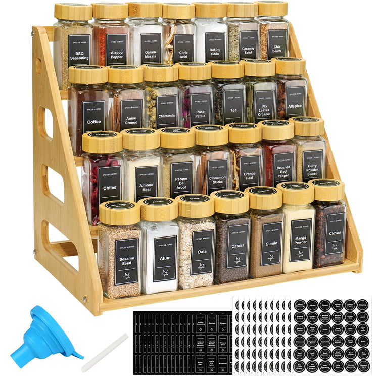 4Tier Bamboo Spice Rack Organizer with 28 Glass Spice Jars Empty 4 oz Jars