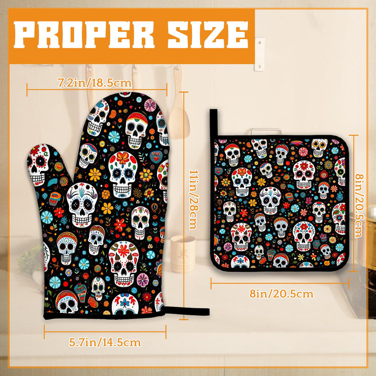 Day of The Dead Skull Mexican Oven Mitts and Pot Holders Set (4 Count)