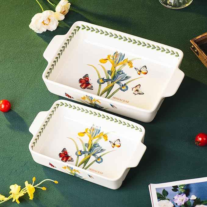 ONCCI In-Glaze Ceramic Baking Dish Set of 2 - Rectangular with Handles,Single Serving Size Casserole dishes 10.8*7.99in & 8.58*6.54inch Sizes - Oven Safe for Cooking, Baking, Casseroles - Dishwasher Safe(Iris)