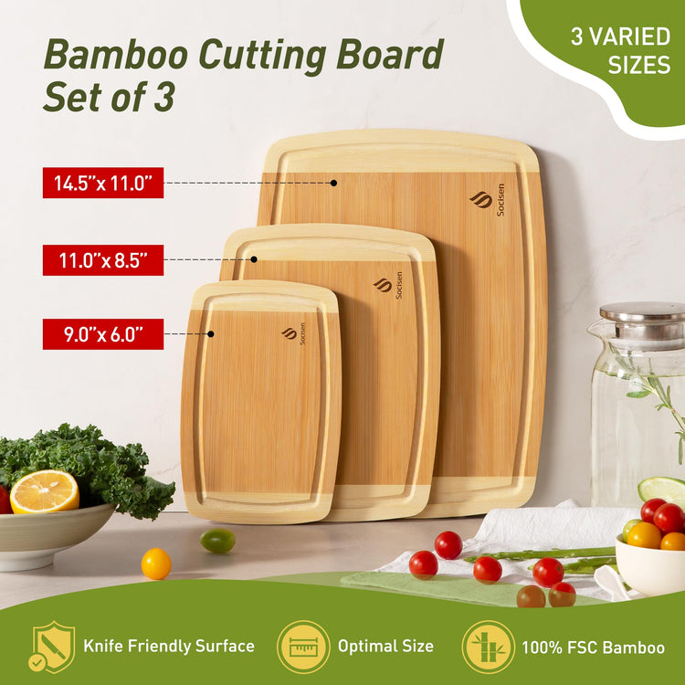 Bamboo Cutting Board Set Non Slip Feet Over Sink Tablas Para Picar Cocina Tabua Madeira Corte Carne Bambu Alimentos Cortar Madera Juego Regalos Cumpleaños Navidad Mujer Mama Abuela Hombre Papa (3 Count)
