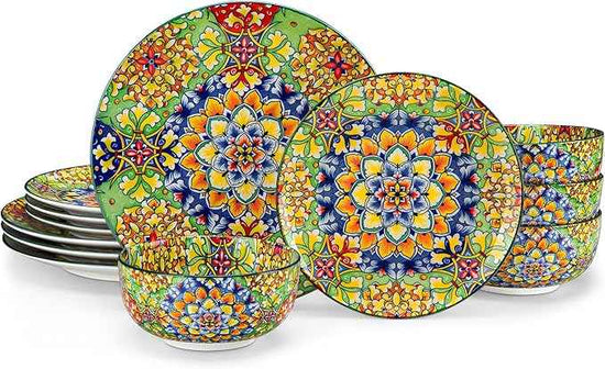 vancasso 12 Pieces Dinnerware Sets, Green Plates and Bowls Set, Porcelain Dishes Set for 4, Microwave and Dishwasher Safe, Scratch Resistant, Bohemian Style Dining Ware Service for 4, Series SIMI