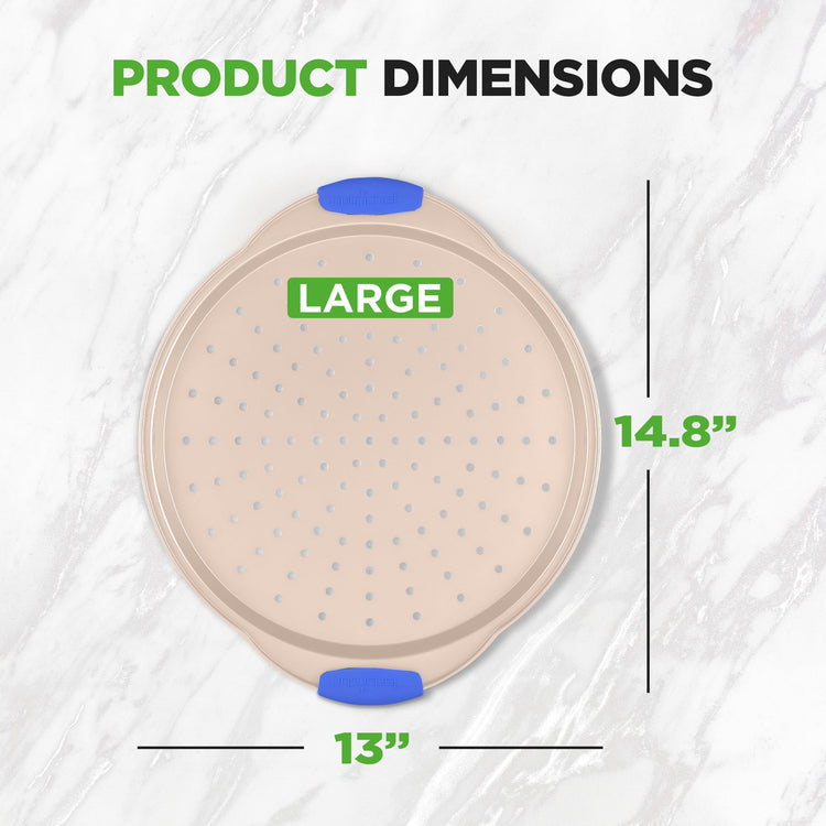 13-Inch Non-Stick Pizza Tray - with Silicone Handle, Round Steel Non-stick Pan with Perforated Holes, Premium Bakeware, Pizza Tray with Extended Handles, Dishwasher Safe - Champagne Gold