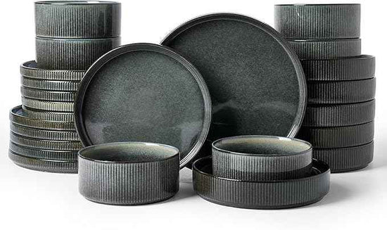 Famiware Star Stoneware Dinnerware Sets for 6 (24pcs), Chip and Scratch Resistant, Microwave & Dishwasher Safe Complete Dishes, Pasta Bowl, Cereal Bowl, Dinner Plate, Salad Plate, Ribbed, Deep Forest