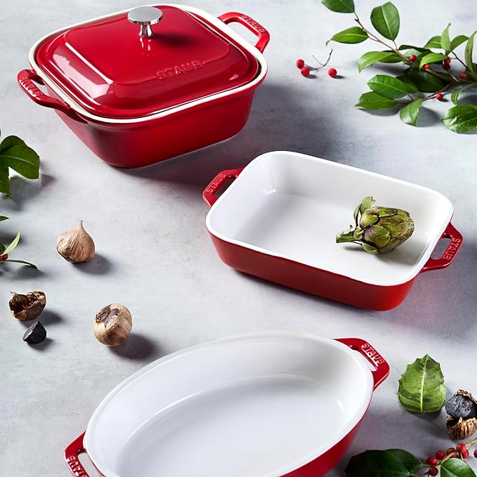 STAUB Ceramic 4-pc Baking Pans Set, Casserole Dish with Lid, Brownie Pan, Cherry