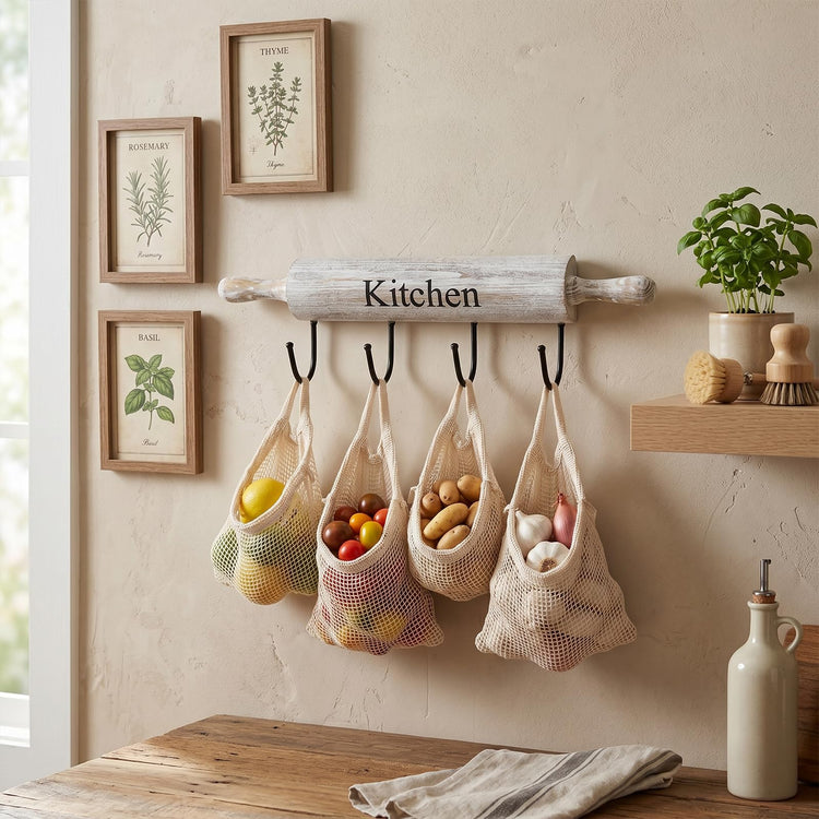 White Washed Wood Kitchen Utensil Rack with 4 Hooks