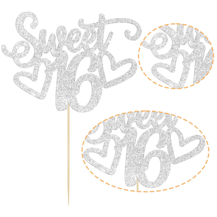 1Pc Sweet Teenager 16 Cake Topper Glitter 16th Birthday Cake Pick for Cheers to 16 Years Old 16th Birthday Party Cake Decorations Supplies Sliver