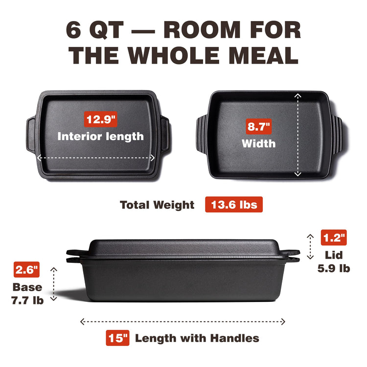 2-in-1 Square Cast Iron Dutch Oven | Skillet & Casserole Dish | 6 QT