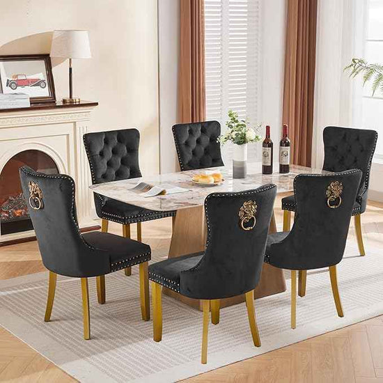 Velvet Dining Chairs Set of 6, Modern Tufted Dining Room Chair, Upholstered Dining Chairs with Lion Head Pulls Ring and Golden Solid Wood Legs, Luxury Kitchen Chairs for Dining Room, Black