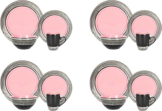 16 Piece Dinnerware Set, Ceramic Plates and Bowls Sets for 4, Microwave and Dishwasher Safe, Handcrafted Tree Bark Series Dish Set, Rose/Pink
