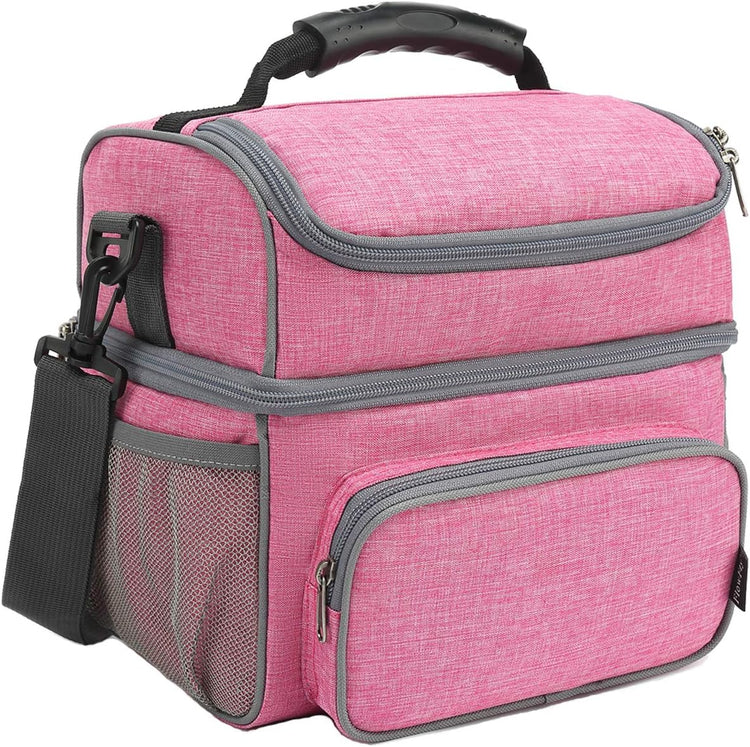 FlowFly Double Layer Cooler Insulated Lunch Bag Adult Lunch Box Large Tote Bag for Men, Women, With Adjustable Strap,Front Pocket and Dual Large Mesh Side Pockets