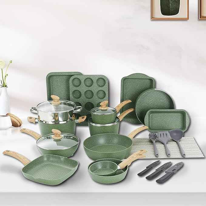 30 Piece Pots and Pans Set Non Stick, Granite Induction Cookware Sets, Nonstick Kitchen Cookware Sets, Non Toxic Cookware Set with Frying Pans and Saucepan, Kitchen Pots and Pans Set, Green
