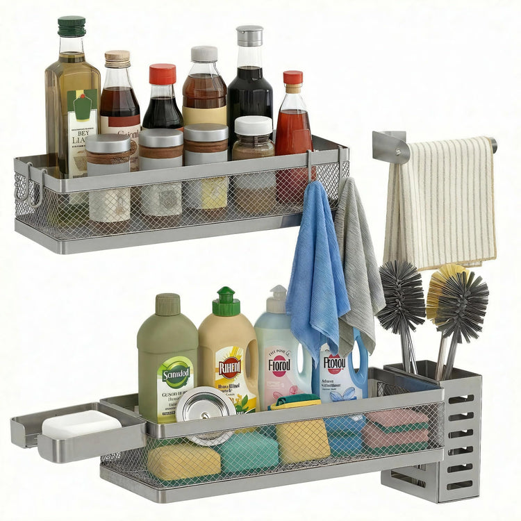 5-in-1 Wide Wall Mount Wrapped Mesh Kitchen Organizer & Shower Caddy Kit, with Paper Towel Holder, Utensil Holder, Soap Dish, Heavy Duty 50LBS - Silver Gray, Netting