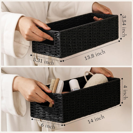 UBBCARE Toilet Tank Basket for Bathroom, Hand Woven Paper Wicker Basket for Organizing, Countertop Decorative Storage Basket with Handles, 2-Pack, Black