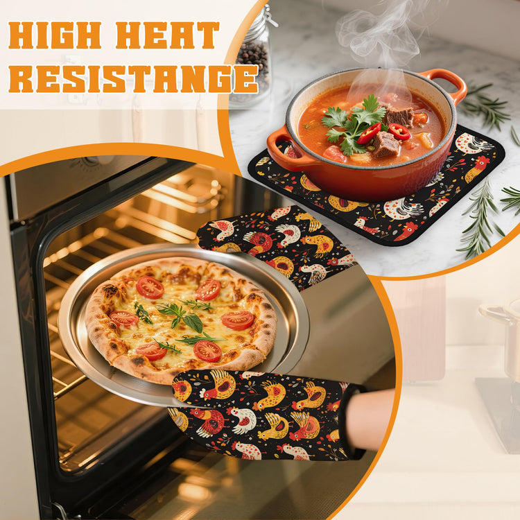 Colorful Rooster Oven Mitts and Pot Holders (4 Count)