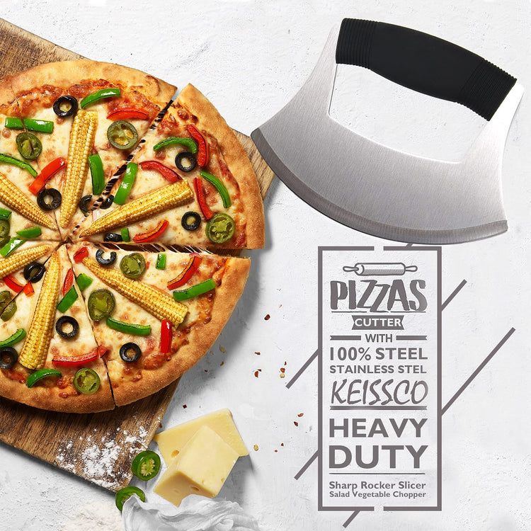 Pizza Cutter Stainless Steel Ulu knife Razor Sharp Rocker Slicer Cutter Mincing Mezzaluna Knife Salad Vegetable Chopper with Upgraded Ergonomic Anti