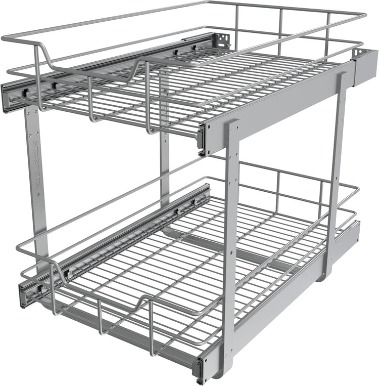 2 Tier Pull Out Cabinet Organizer 15" W X 22" D, Slide Out Drawers For Kitchen Cabinets, Pull Out Drawers For Cabinets Capacity Heavy Duty Caddy, Cabinet Pullout Shelves Chrome-Plated,Bathroom Pantry