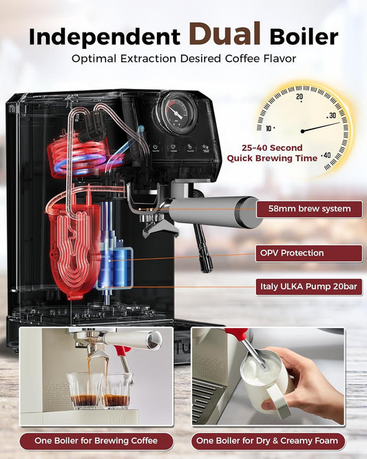 Tuni E2 58mm Espresso Machine with G1 Ivory Conical Burr Coffee Grinder and Bottomless Portalfilter Combo