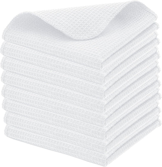 PurpleEssences Dish Cloths and Dish Rags - 8 Pack Waffle Weave Solid Kitchen Dish Wash Cloths, 100% Cotton, 12 x 12 Inches, Ultra Soft Absorbent Quick Drying - Spring Summer - White - Nestoria