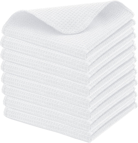 PurpleEssences Dish Cloths and Dish Rags - 8 Pack Waffle Weave Solid Kitchen Dish Wash Cloths, 100% Cotton, 12 x 12 Inches, Ultra Soft Absorbent Quick Drying - Spring Summer - White - Nestoria