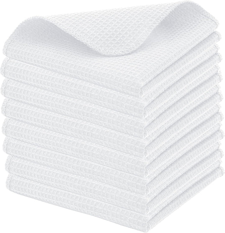 PurpleEssences Dish Cloths and Dish Rags - 8 Pack Waffle Weave Solid Kitchen Dish Wash Cloths, 100% Cotton, 12 x 12 Inches, Ultra Soft Absorbent Quick Drying - Spring Summer - White - Nestoria