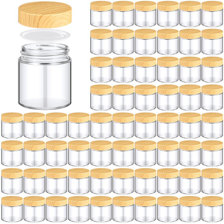 64 Pcs 4 oz Glass Jars with Lids Empty Small Glass Containers and Inner Liners Reusable Cosmetic Jars Round Airtight Bottles with Plastic Wood Grain Lids for Travel (64 Count)