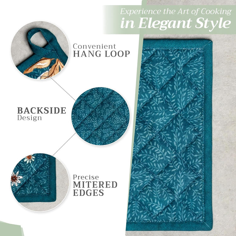 Maison d' Hermine Pot Holders 100% Cotton Heat Resistant Potholders 8" x 8" Hot Pads with Loop BBQ, Cooking, Baking, Grilling, Kitchen, Handling Hot Pans (Pack of 1, Luxury Loft-Dark Teal)