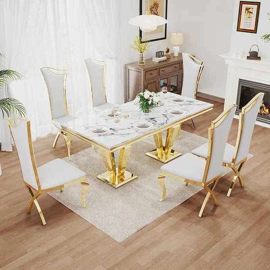 AF ARTISAN FURNITURE 7 Piece Luxury Dining Room Set, Modern Dining Table and Upholstered Chairs Set, Marble Kitchen Table Set for 6, Big Kitchen Dinner Tables Kit with Silver Base
