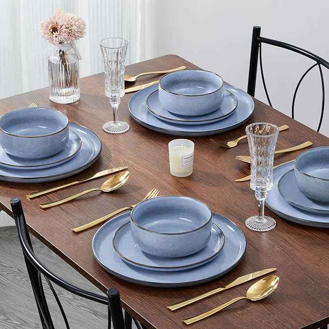 E-far Dinnerware Sets for 6, 18-Piece Plates and Bowls Set, Reactive Glaze Dishes, Stoneware Dinning Ware Set, Microwave & Dishwasher Safe - Ocean Blue