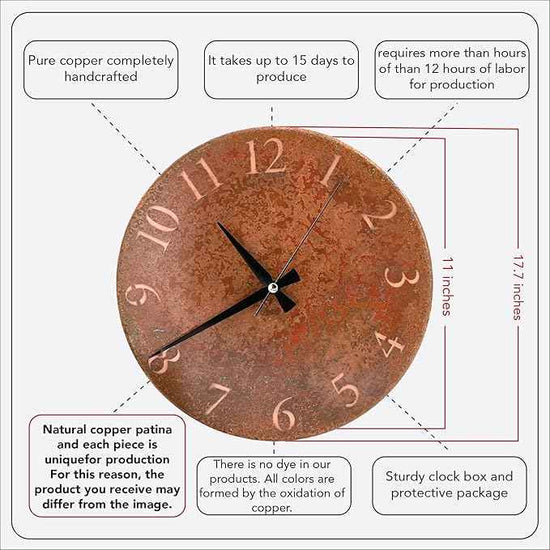 Handmade Pure Copper Wall Clock for Home Decoration, Decor Clock for Living Room, Bedroom and Kitchen, Rustic Decorative Mural Clock Art for Farmhouse (Rusty Numbers, 11)