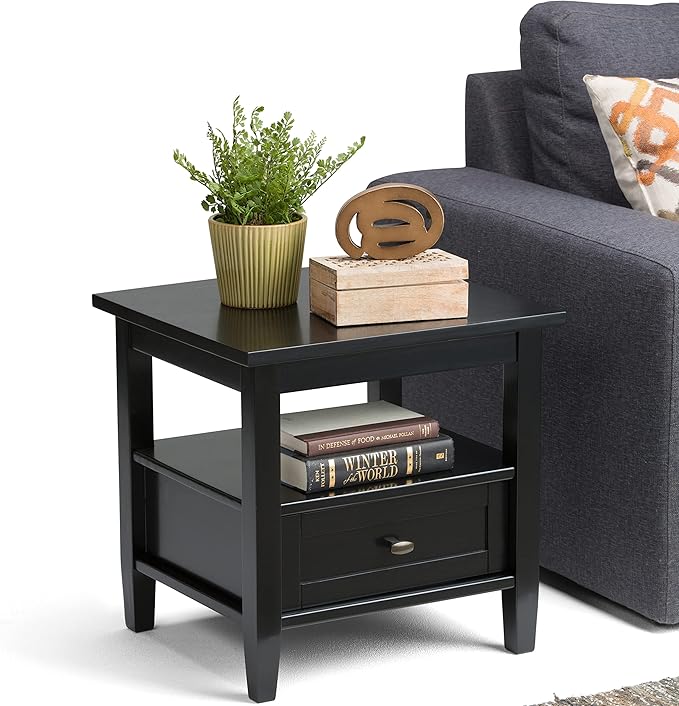SIMPLIHOME Warm Shaker End Table - 20 inch Wide Solid Wood Side Table in Black, Transitional Accent Table for Living Room or Bedroom with Drawer, Open Shelf and Square Tapered Legs