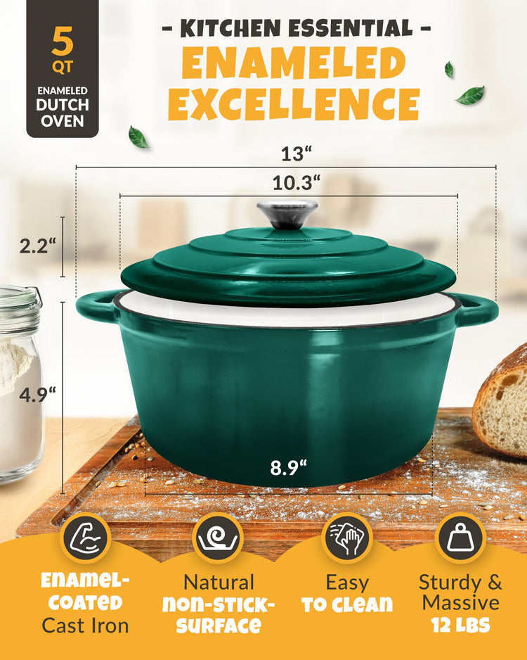 5 QT Enameled Dutch Oven for Bread Baking with Lid & Baking Set