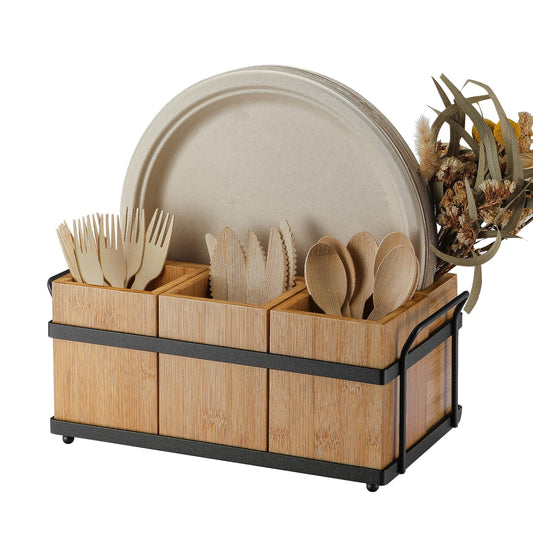 Silverware Caddy Wood Utensil Holder Paper Plate Dispenser Silverware Utensil Caddy Cutlery Flatware Organizer Box for Spoons Forks Plates Napkins