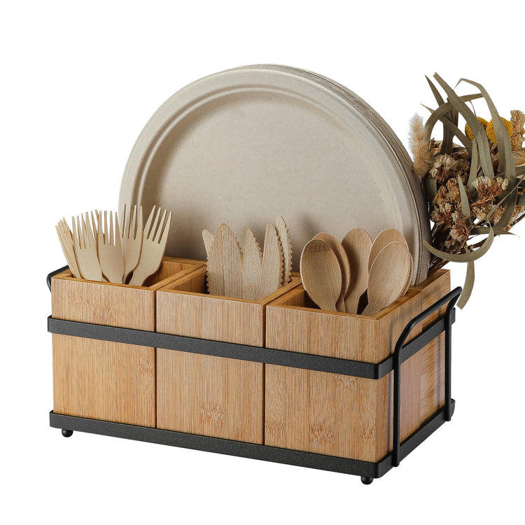Silverware Caddy Wood Utensil Holder Paper Plate Dispenser Silverware Utensil Caddy Cutlery Flatware Organizer Box for Spoons Forks Plates Napkins