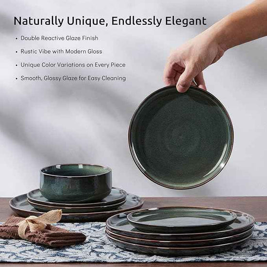 E-far 6-Piece Plates and Bowls Set, Stoneware Dinnerware Sets for 2, Ceramic Dishes Reactive Glaze Dinning Ware, Microwave & Dishwasher Safe - Obsidian Green