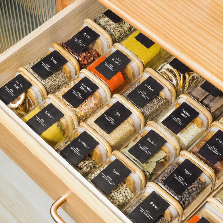 Glass Spice Jars with Labels 4 oz 6 Pack Small Square Bamboo Lids (6 Count)