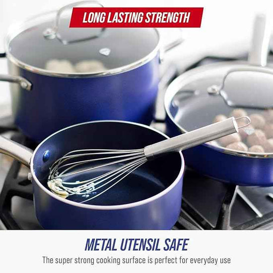 Blue Diamond 10 Piece Nonstick Cookware Set, Diamond Ceramic Pots & Pans, Dishwasher & Metal Utensil Safe, Non Toxic PFAS-Free, Kitchen Cooking Sauce & Saute Pans, Oven & Broiler to 600F, Blue