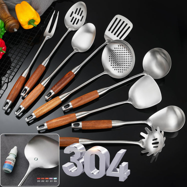 Stainless Steel Kitchen Utensils Set for Cooking Wooden Handle (9 Count)