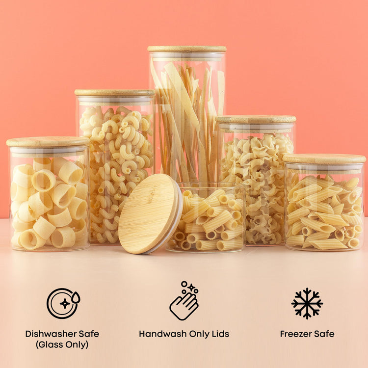 Borosilicate Glass Jars With Bamboo Lids. 6 Pc Set of Air Tight Sealable Containers. Food Jar Canisters with Airtight Lid for Pantry Storage and Kitchen Organization. (6 Count)