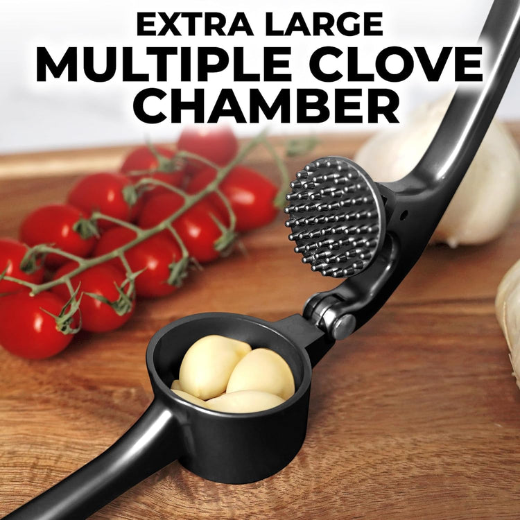 Zulay Kitchen Large Premium Garlic Press Set - Bigger Bowl for Bigger Garlic - Rust Proof & Dishwasher Safe Garlic Mincer Tool - Easy-Squeeze, Easy-Clean Silicone Garlic Peeler & Brush (Black)