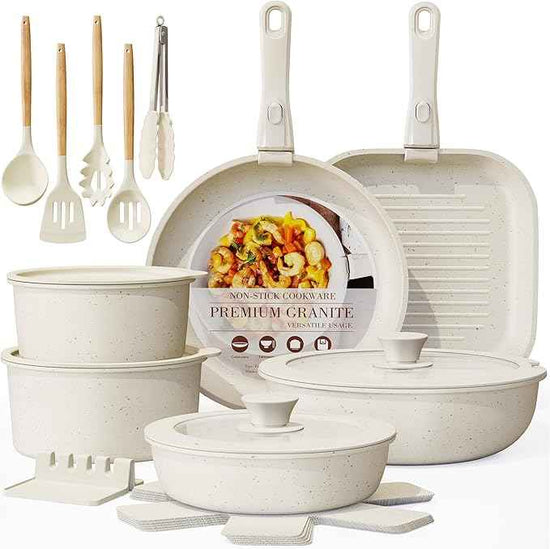 Astercook 23 Pcs Pots and Pans Non Stick Ceramic Cookware Set Detachable Handle, RV Stackable Kitchen Cooking Set Removable Handles, Oven Safe, Induction Ready, Cream White