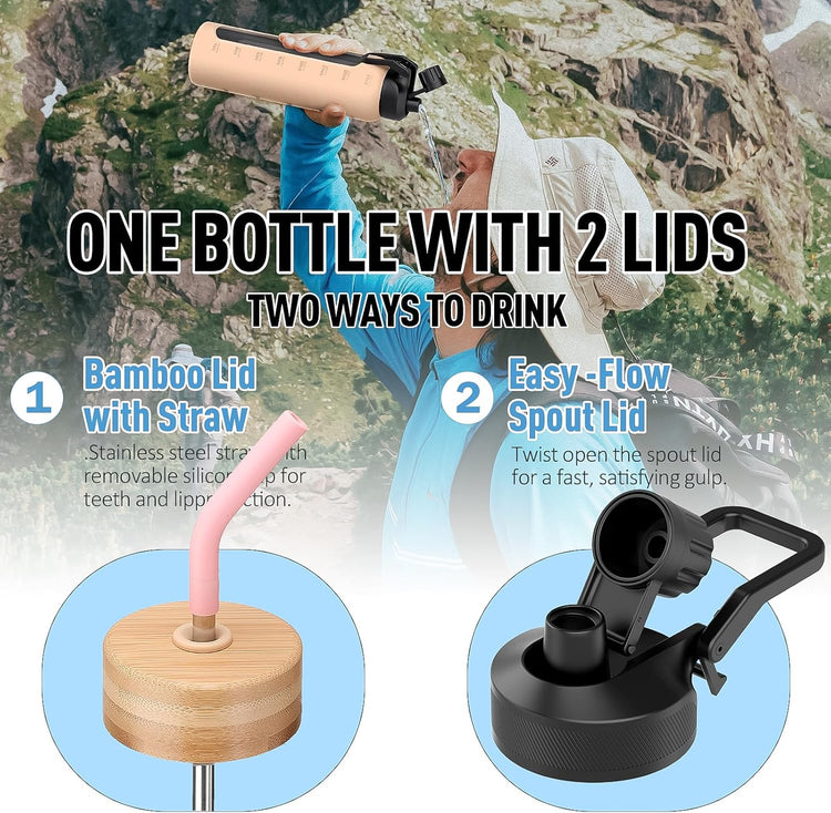 Glass Water Bottle with Straw, 24oz Glass Drinking Bottle with 2 Lids-Bamboo and Spout Lid with Phone Holder Handle for Gym Sports,with Silicone Sleeve and Time Marker,Pink