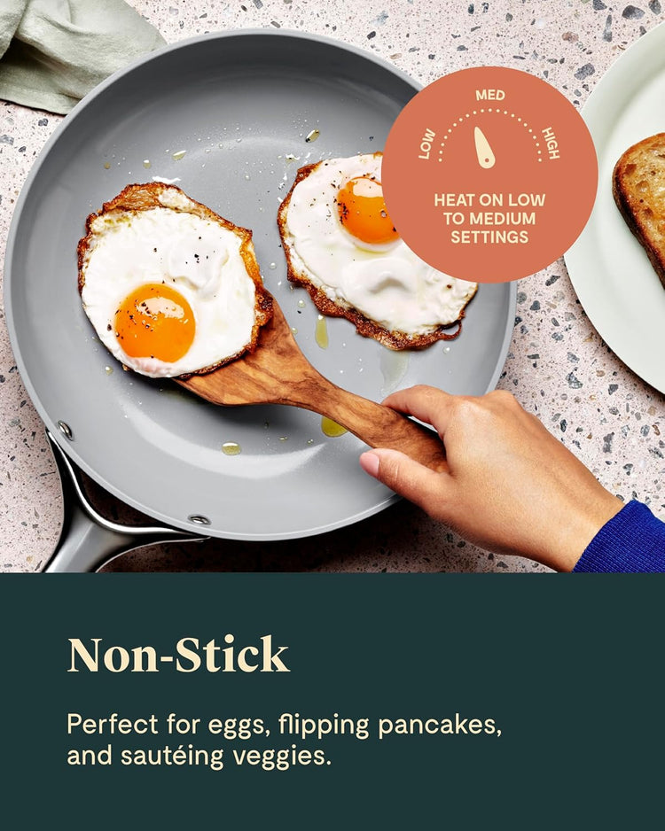 Caraway Ceramic Nonstick Fry Pan Set with Glass Lids – Includes Two 10.5” Fry Pans, One 8” Fry Pan, & Three Lids - Non Toxic, PTFE & PFOA Free - Oven Safe & Compatible with All Stovetops - White