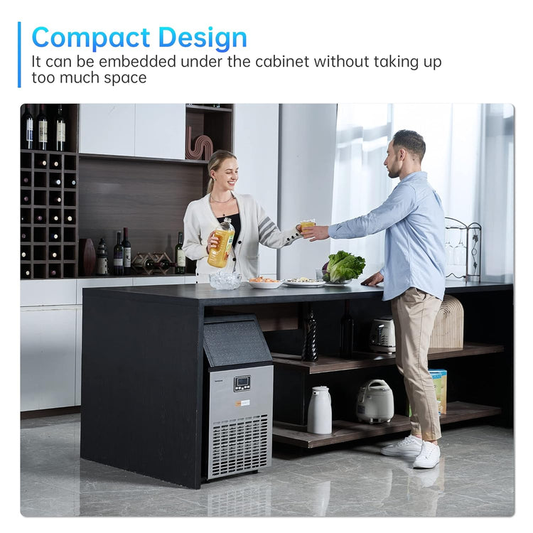 Commercial Ice Maker Machine, 100 lbs /24 h, 33 lbs Storage Bin, Stainless Steel, Compact, Embedded, Self-Cleaning, Perfect for Home/Office/Shop/Cafe, Includes Ice Scoop, Connection Hose