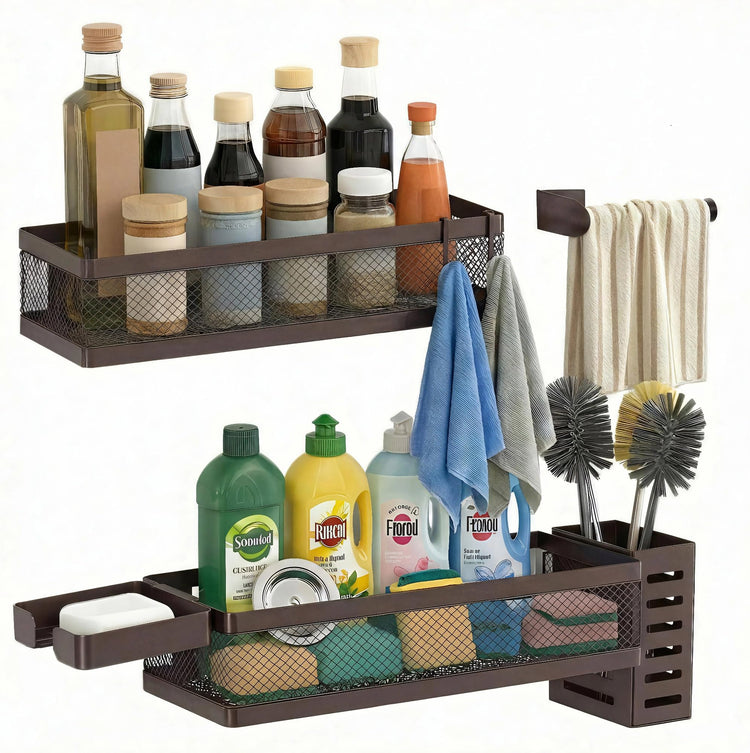 5-in-1 Wide Wall Mount Wrapped Mesh Kitchen Organizer & Shower Caddy Kit, with Paper Towel Holder, Utensil Holder, Soap Dish, Heavy Duty 50LBS - Vintage Bronze, Netting