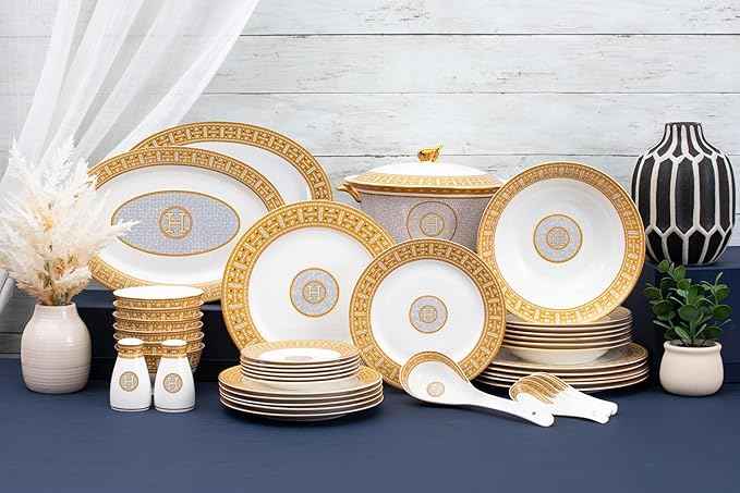 White and Gold Dinnerware Set - 58 Piece 'Mosaic' Dinner Set Luxury Bone China 24K Gold Inlays for Everyday use or Formal Occasions