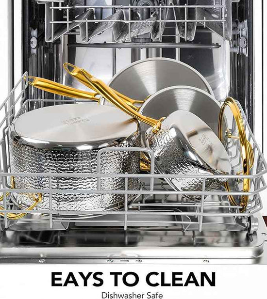Michelangelo Triply Stainless Steel Pots and Pans Set, 10-Piece Hammered Stainless Steel Cookware Set with Golden Handle, Premium Induction Kitchen Cookware, Oven Safe