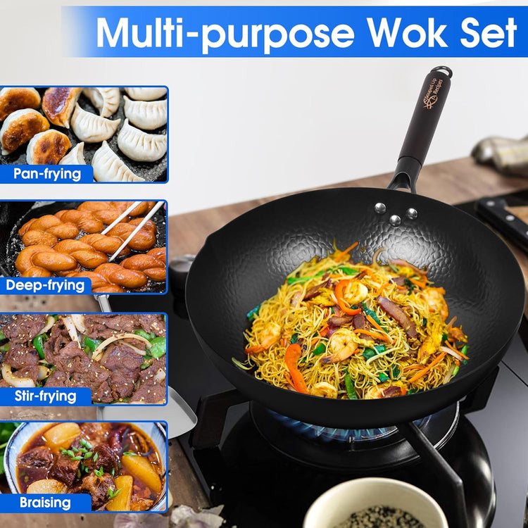 13.4 Inch Carbon Steel Wok For Electric, Induction and Gas Stoves (Lid, Spatula and User Guide Video Included)