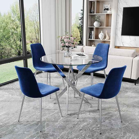 AF ARTISAN FURNITURE 36" Round Glass Dining Table Set for 4, 5-Piece Modern Kitchen Table with 4 Blue Scoop Velvet Chairs, Modern Circle Leisure Table for Home Office Dining Room (Silver Leg)