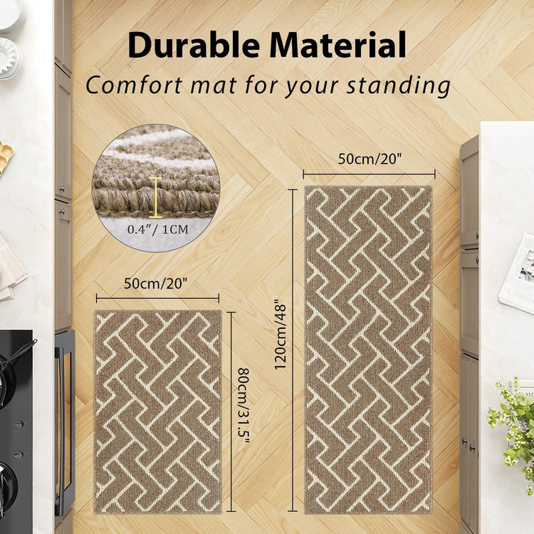 hicorfe Kitchen Rugs and Mats Sets,Non-Slip 2 Pieces Absorbent 100% Polypropylene Rug,Comfort Kitchen Runner Mat,Washable for Kitchen,Sink,Laundry(20" x 31.5" Plus 20" x 48",Beige)